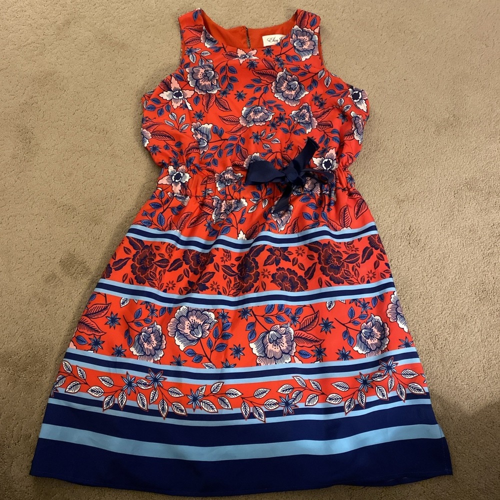 ELIZA J ANTHROPOLOGIE WOMEN'S FLORAL SLEEVELESS DRESS NAUTICAL RED BOW DETAIL 4P